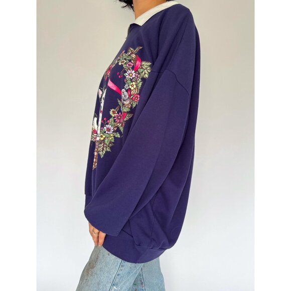 90s vintage purple cat kitten festive christmas graphic pullover sweatshirt 2XL - Picture 6 of 10